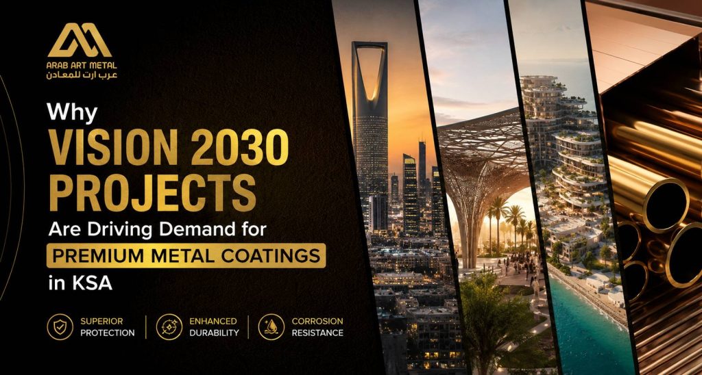 Modern Saudi Vision 2030 skyline featuring premium metal coatings, architectural metal panels, and industrial metal pipes representing durability, corrosion resistance, and advanced metal finishing solutions in KSA by Arab Art Metal.