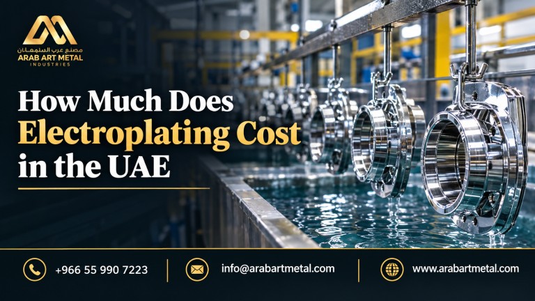 Electroplating services in UAE showcasing high-quality chrome-plated industrial metal components at Arab Art Metal Industries.