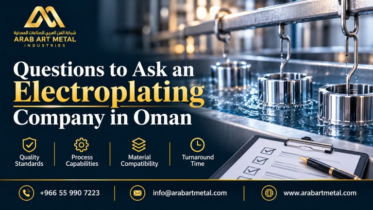 Arab Art Metal Industries banner featuring questions to ask an electroplating company in Oman, with a chrome-plated metal component, industrial electroplating tank, and gold-and-navy design. Includes quality standards, process capabilities, material compatibility, turnaround time, phone number, email, and website.