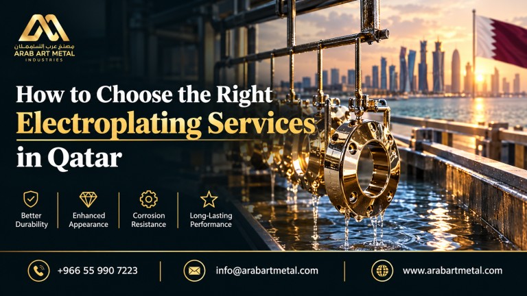 Banner for Arab Art Metal Industries promoting electroplating services in Qatar, featuring a gold company logo, reflective electroplated metal components, an industrial setting, and Doha’s skyline at sunset, with contact details +966 55 990 7223, info\@arabartmetal.com, and www\.arabartmetal.com at the bottom.