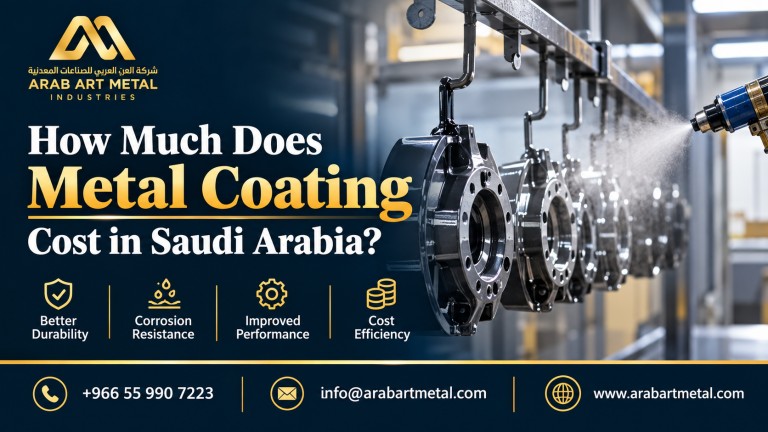 Arab Art Metal Industries banner explaining metal coating costs in Saudi Arabia, featuring industrial metal components, coating equipment, benefits of enhanced durability and corrosion resistance, and contact details.