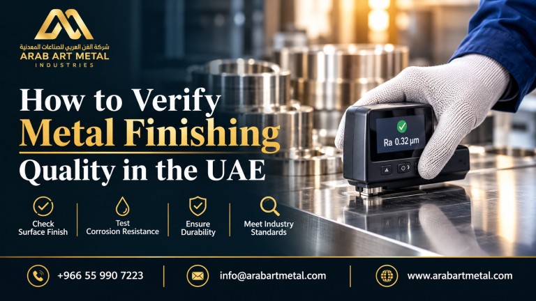 Arab Art Metal banner showing how to verify metal finishing quality in the UAE, featuring a surface roughness tester, polished metal components, and icons for surface finish, corrosion resistance, durability, and industry standards.
